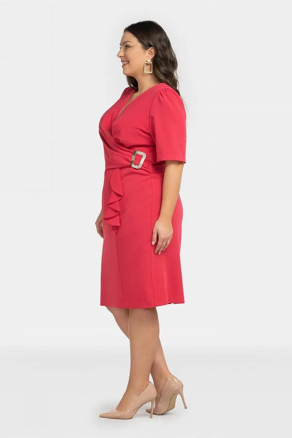 JTDF Elegant Pencil Dress – Chic XXL Fit with Ruffle & Buckle Detail