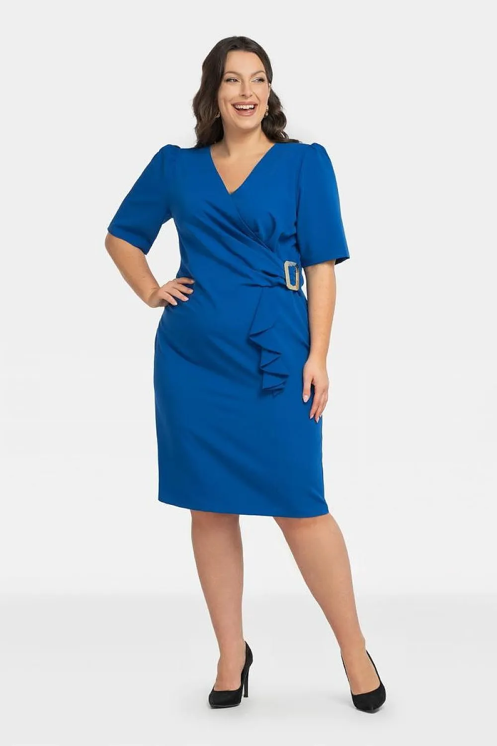 JTDF Elegant Pencil Dress – Chic XXL Fit with Ruffle & Buckle Detail