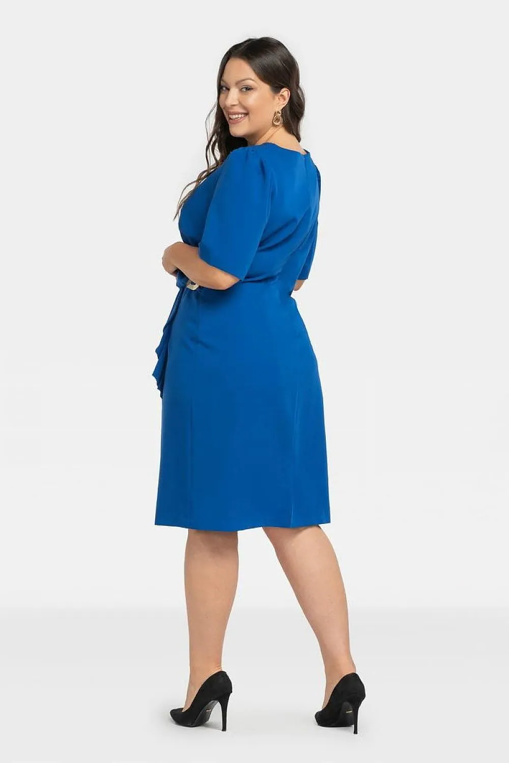 JTDF Elegant Pencil Dress – Chic XXL Fit with Ruffle & Buckle Detail