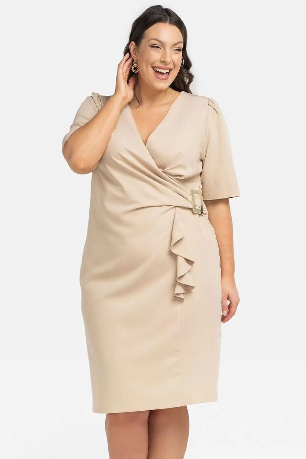 JTDF Elegant Pencil Dress – Chic XXL Fit with Ruffle & Buckle Detail