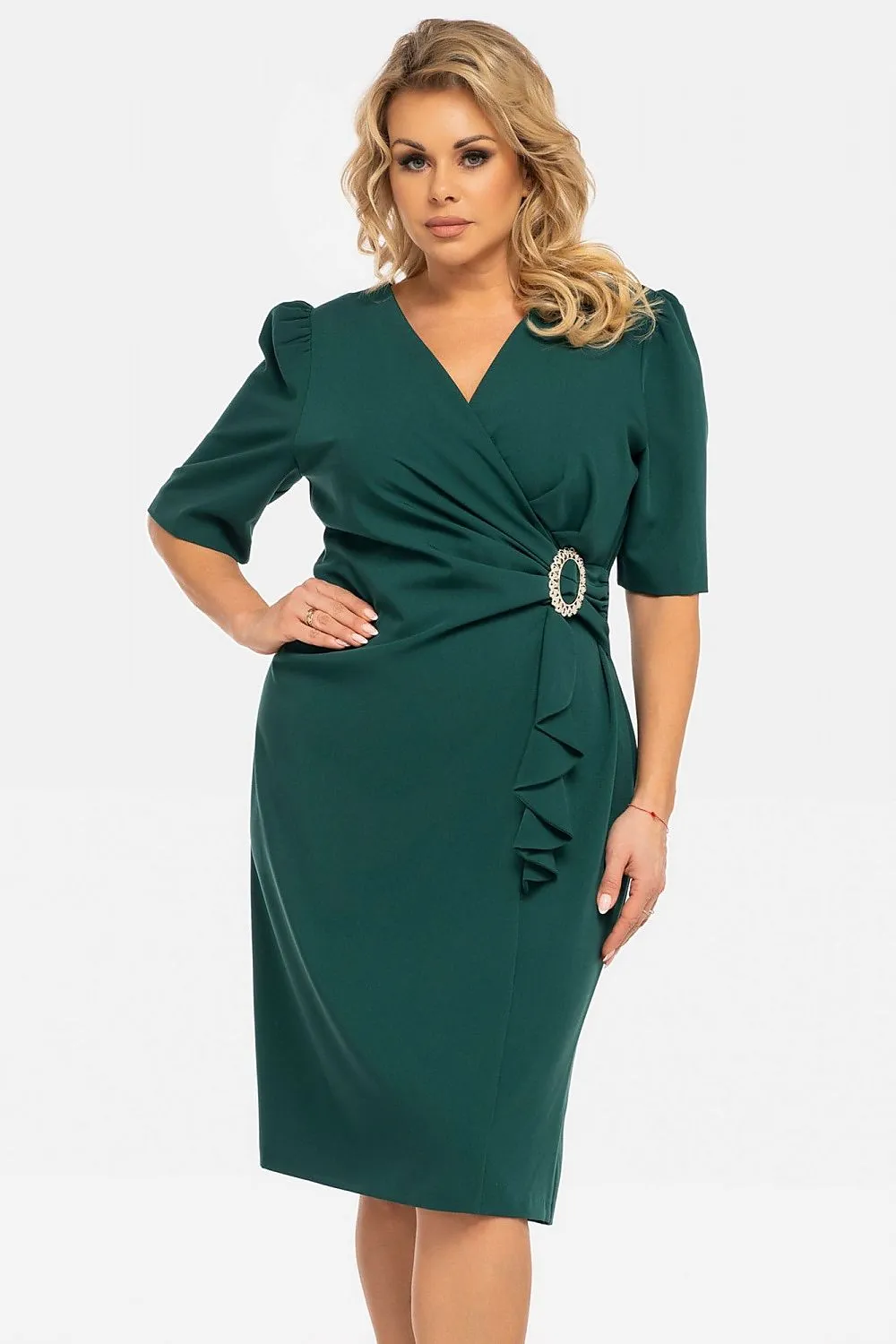 JTDF Elegant Pencil Dress – Chic XXL Fit with Ruffle & Buckle Detail