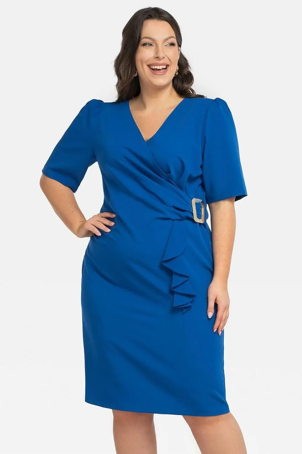 JTDF Elegant Pencil Dress – Chic XXL Fit with Ruffle & Buckle Detail