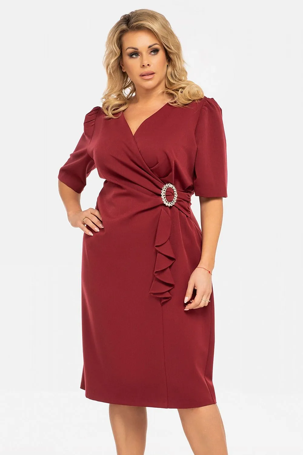 JTDF Elegant Pencil Dress – Chic XXL Fit with Ruffle & Buckle Detail