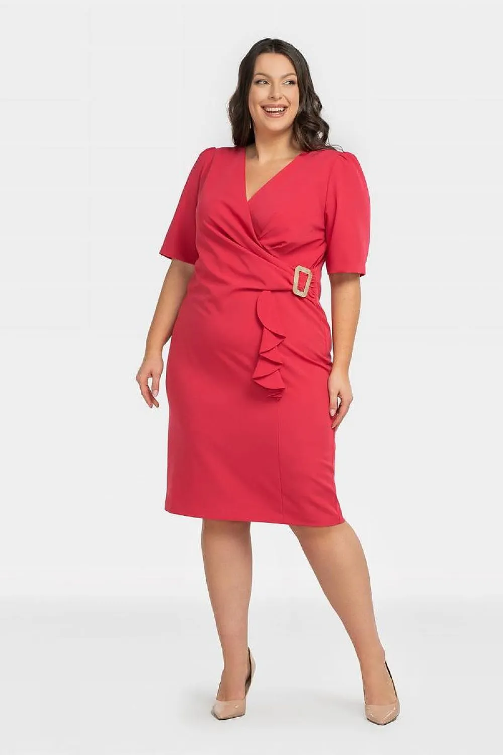 JTDF Elegant Pencil Dress – Chic XXL Fit with Ruffle & Buckle Detail