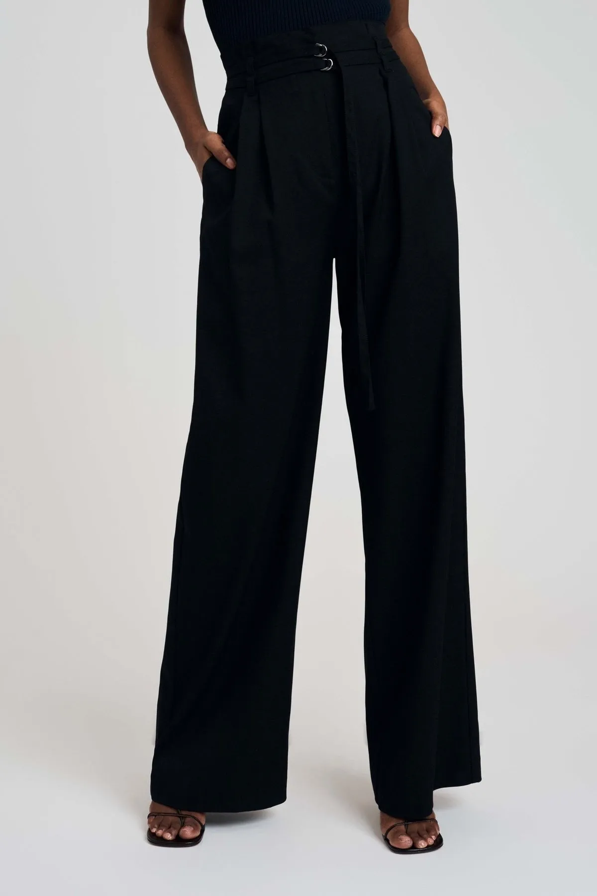 Jude High-Waist Double Belt Wide Leg Pants in Black