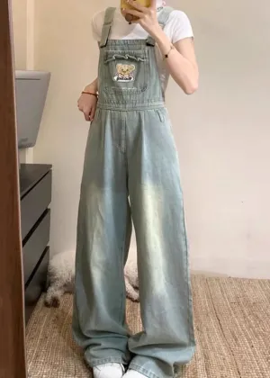 Jumpsuit Blue Pockets Embroidered Sleeveless Denim New