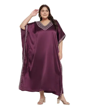 Kaftan Plus Size Dress Solid With Embroidery Lace Wine Satin For Women