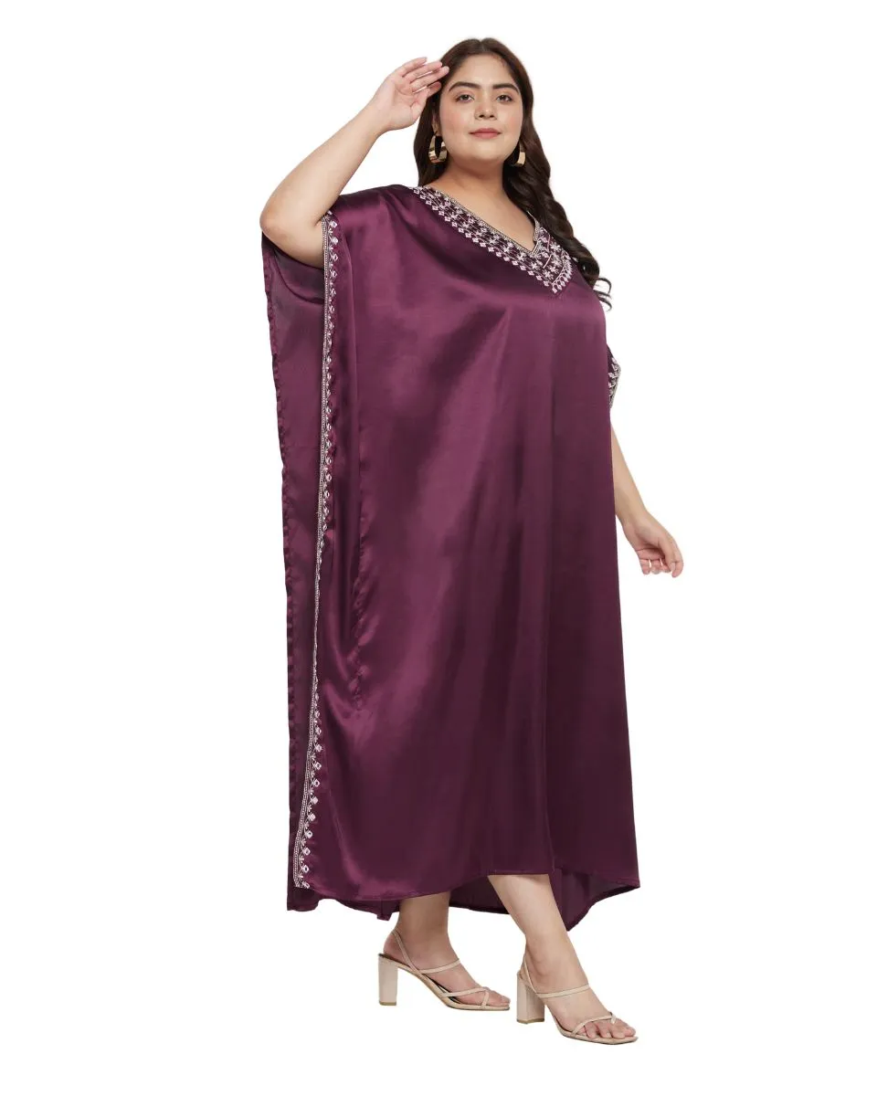 Kaftan Plus Size Dress Solid With Embroidery Lace Wine Satin For Women