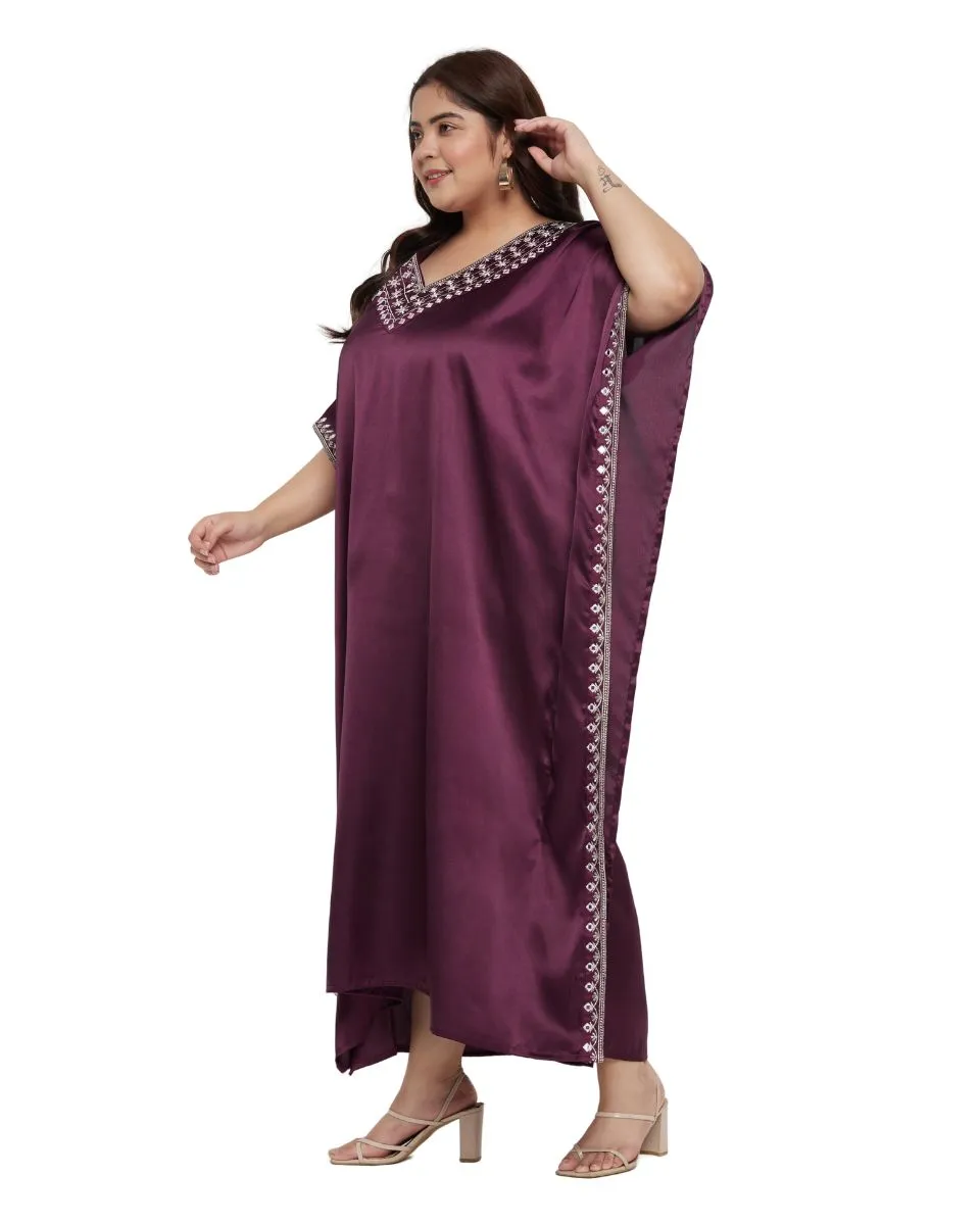 Kaftan Plus Size Dress Solid With Embroidery Lace Wine Satin For Women