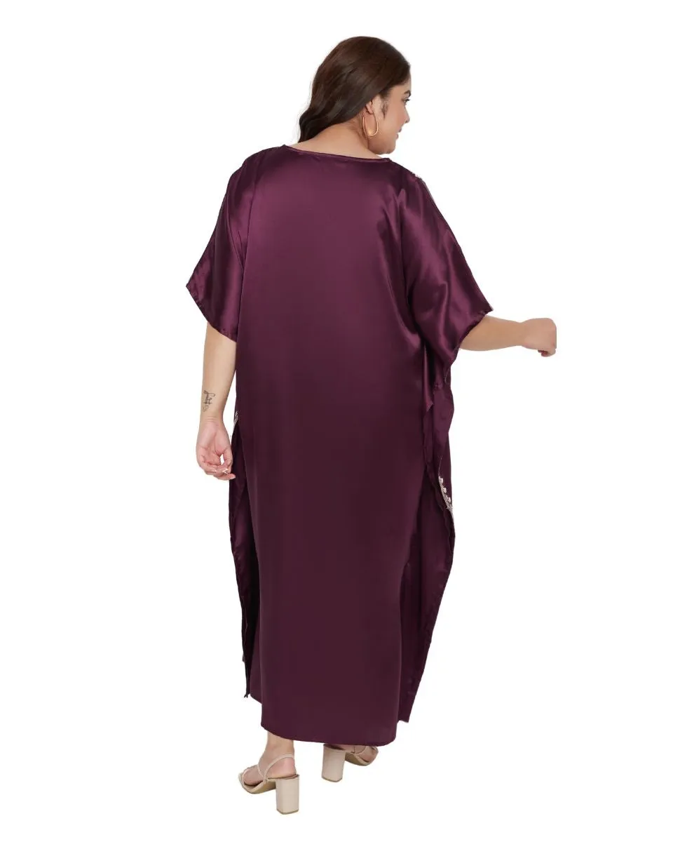 Kaftan Plus Size Dress Solid With Embroidery Lace Wine Satin For Women