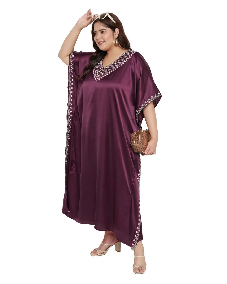 Kaftan Plus Size Dress Solid With Embroidery Lace Wine Satin For Women
