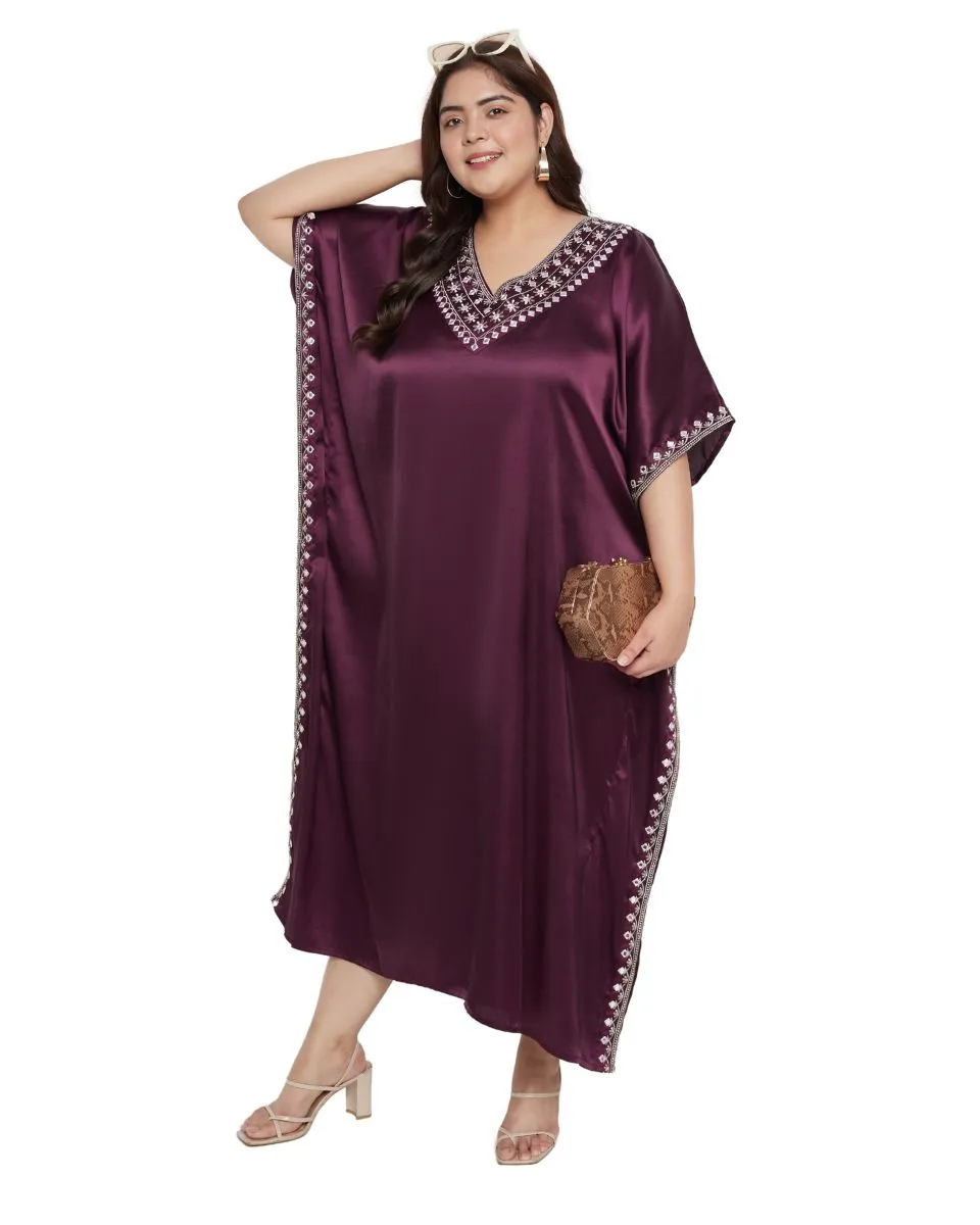 Kaftan Plus Size Dress Solid With Embroidery Lace Wine Satin For Women