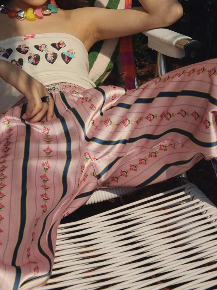 Kaira Stripe Print Satin Pajama Look Pants
