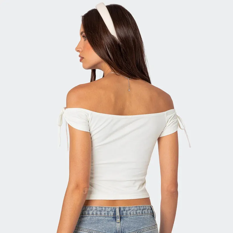 KARLY - Off-Shoulder Tie Sleeve Crop Top
