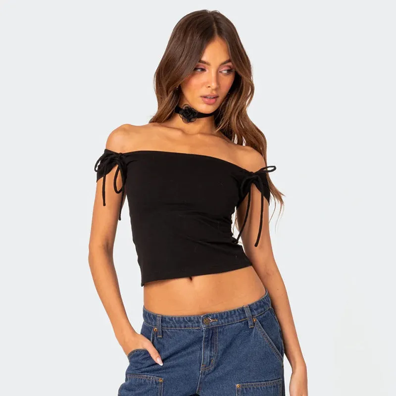 KARLY - Off-Shoulder Tie Sleeve Crop Top