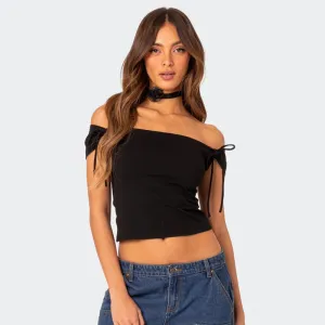 KARLY - Off-Shoulder Tie Sleeve Crop Top