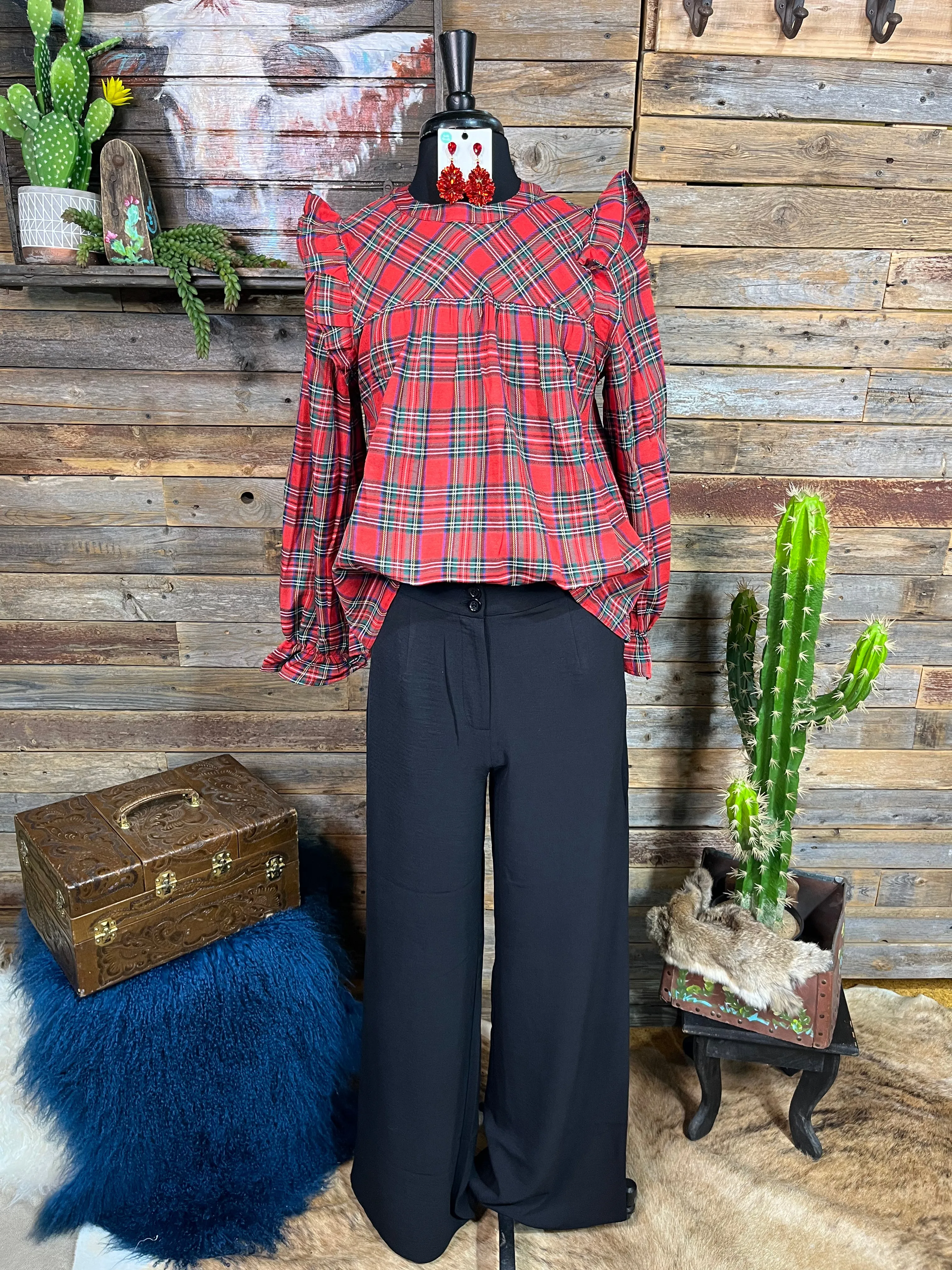 Kelley Ruffle Shoulder Plaid Top - Red