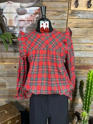 Kelley Ruffle Shoulder Plaid Top - Red