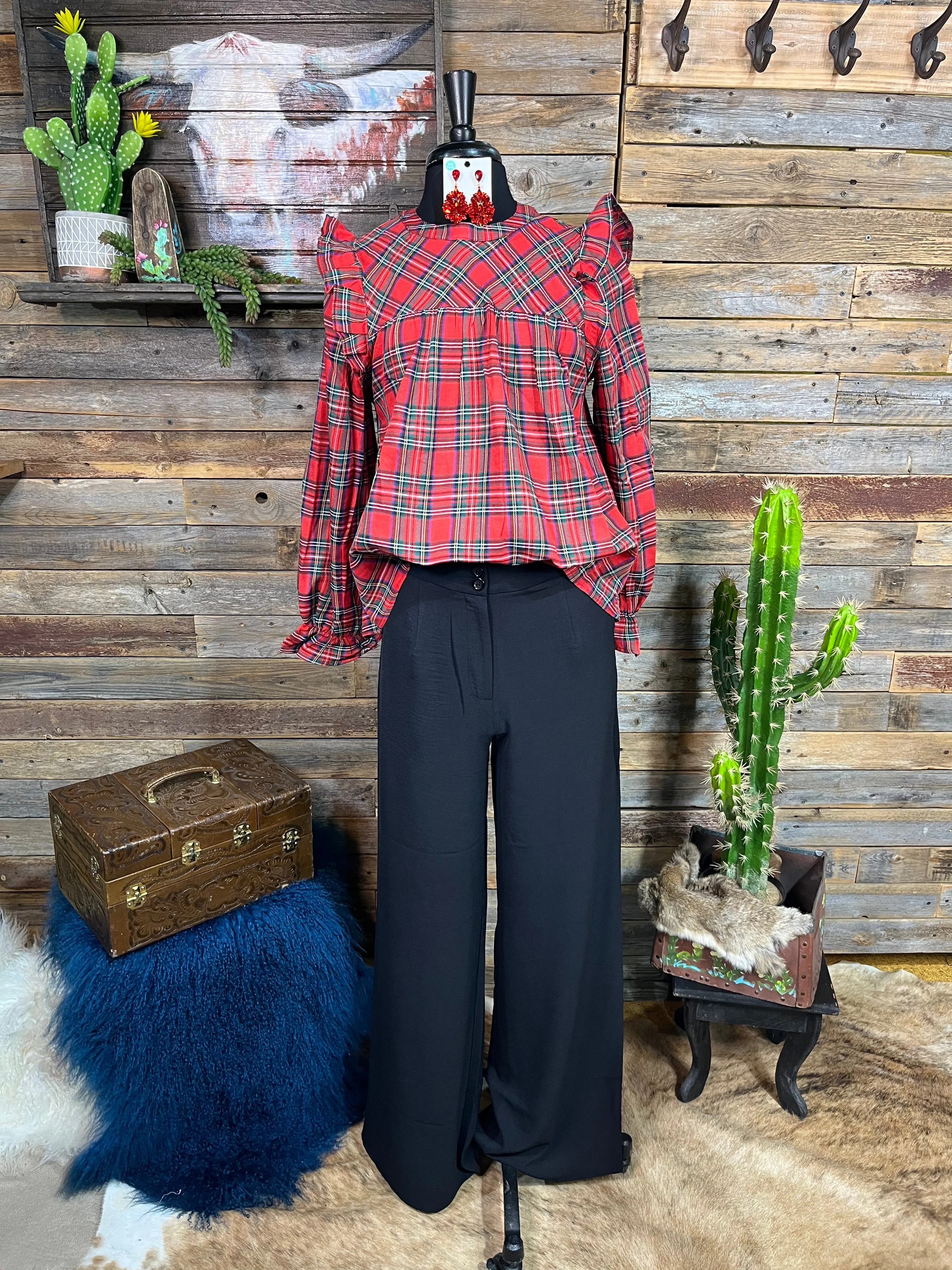 Kelley Ruffle Shoulder Plaid Top - Red