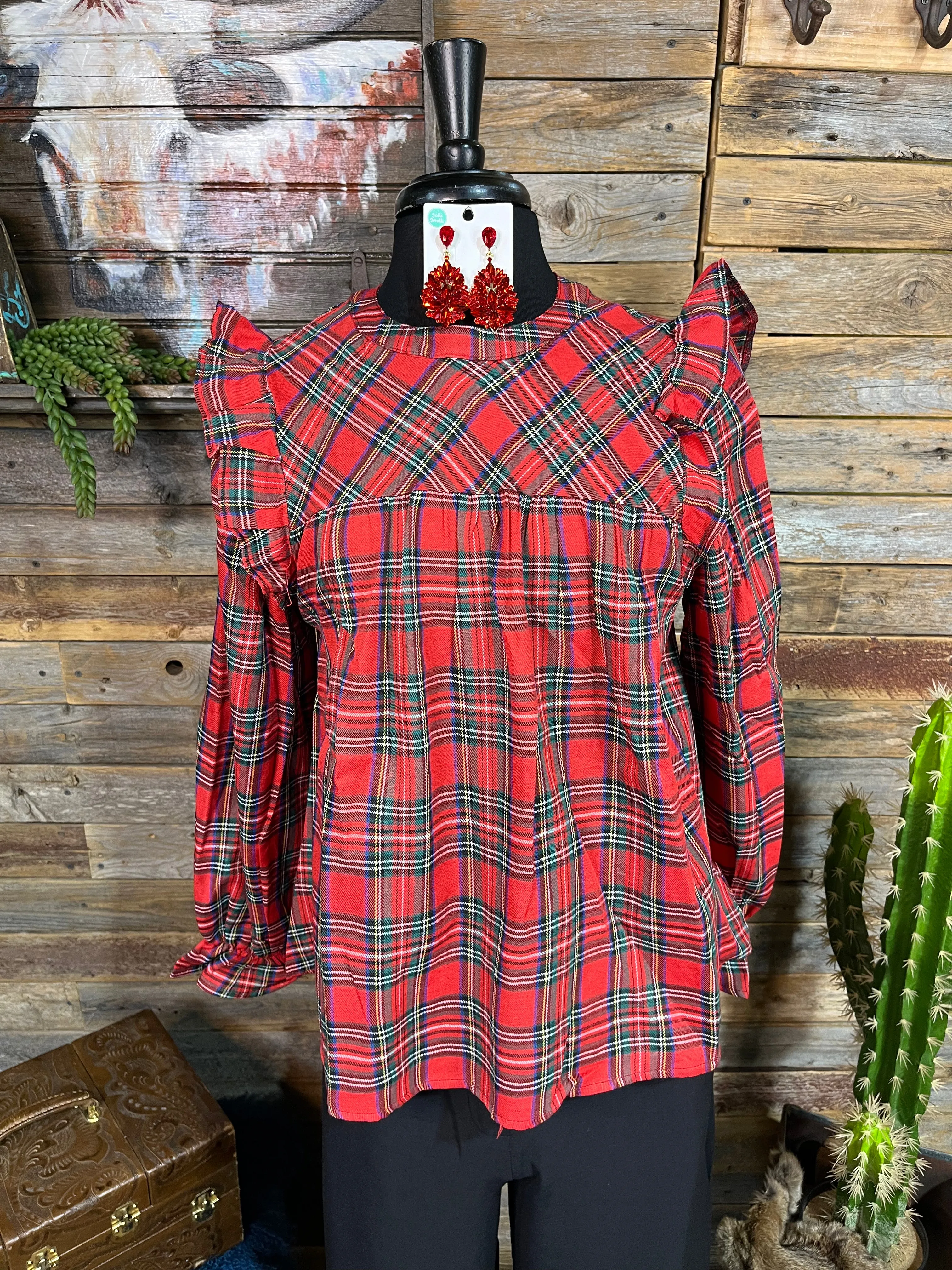 Kelley Ruffle Shoulder Plaid Top - Red