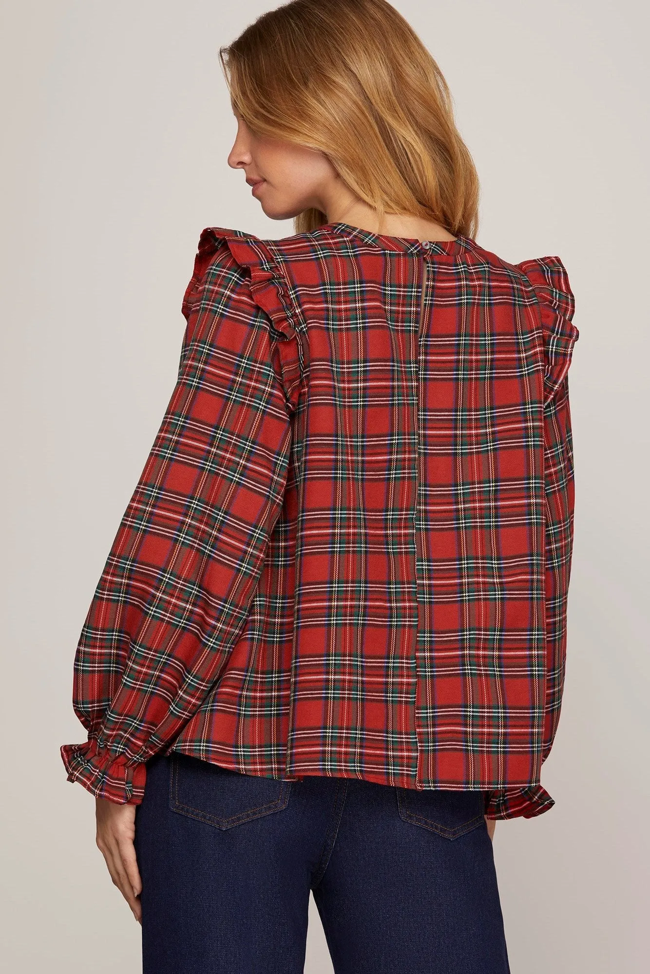 Kelley Ruffle Shoulder Plaid Top - Red