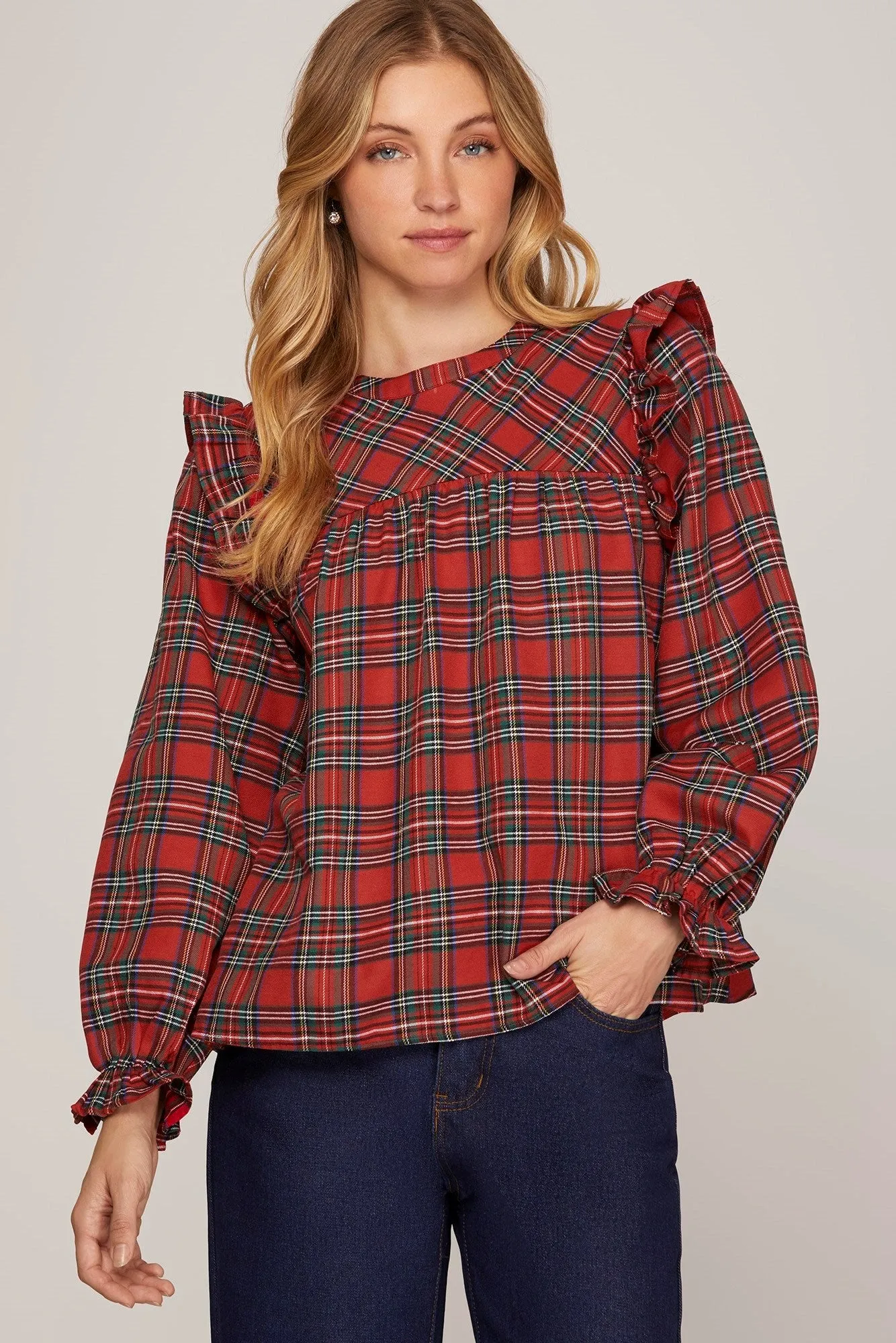 Kelley Ruffle Shoulder Plaid Top - Red
