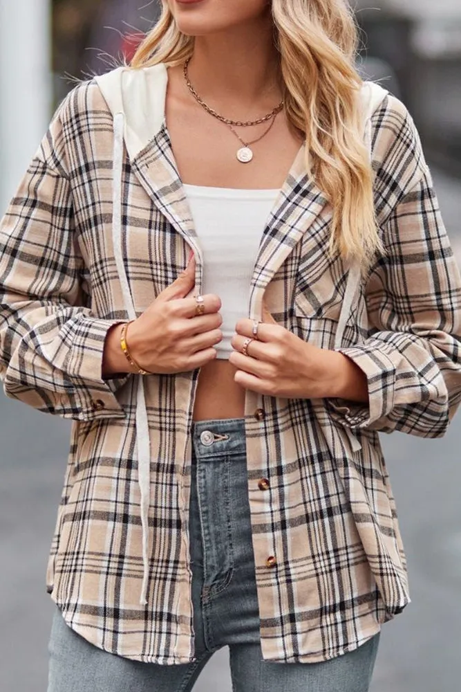 Khaki Plaid Hooded Shirt