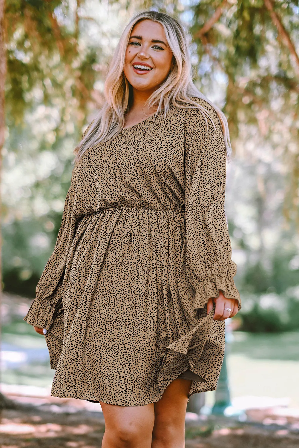 Khaki Plus Size Ruffled Long Sleeve Animal Spotted Print Dress