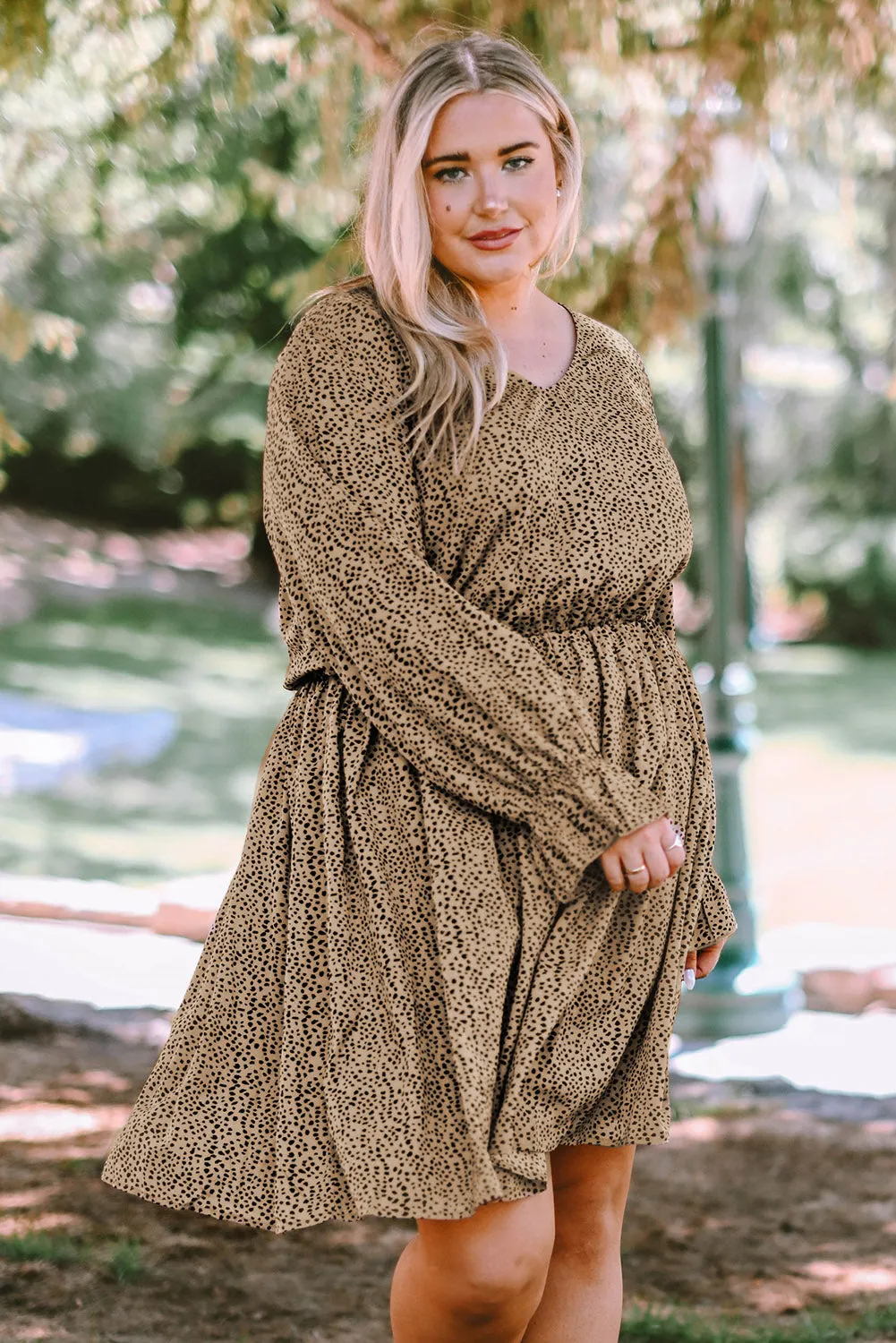 Khaki Plus Size Ruffled Long Sleeve Animal Spotted Print Dress