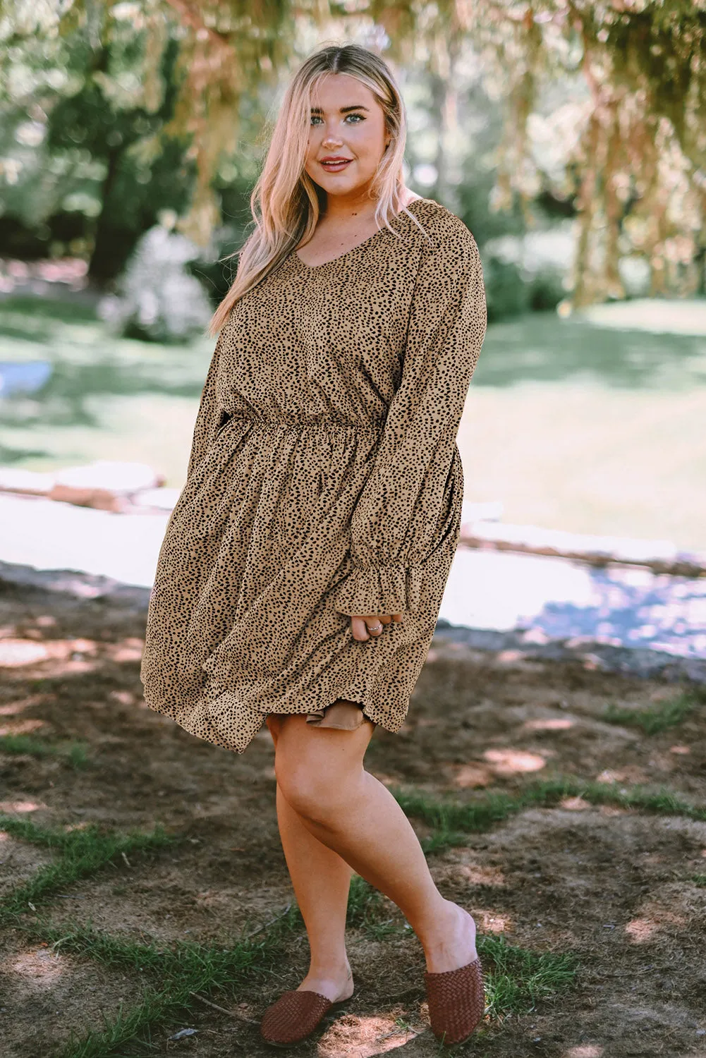 Khaki Plus Size Ruffled Long Sleeve Animal Spotted Print Dress