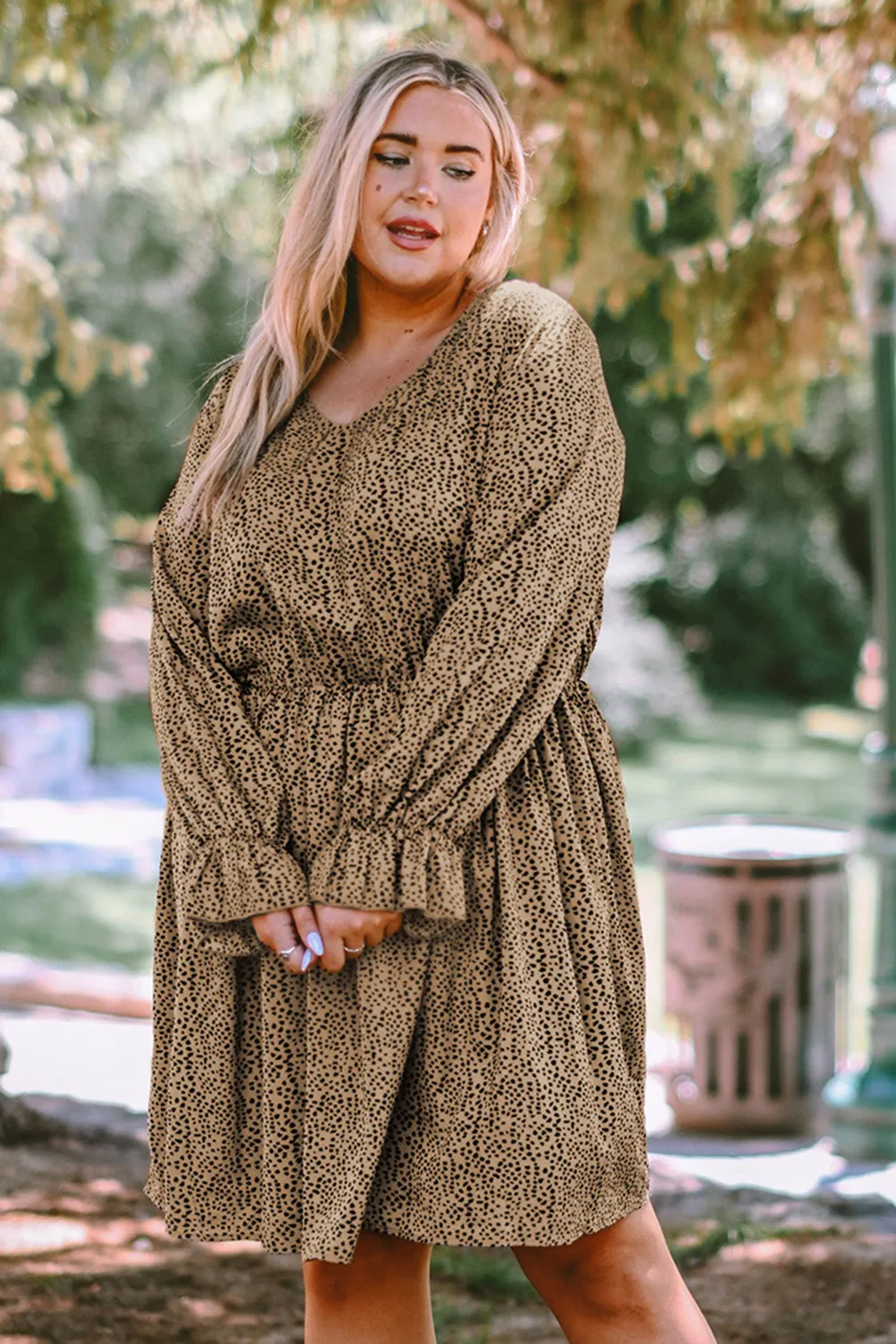 Khaki Plus Size Ruffled Long Sleeve Animal Spotted Print Dress
