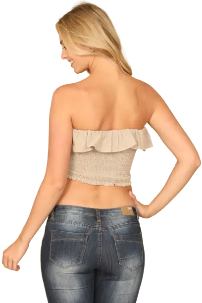 Khaki Ruffle Off Shoulder Smocked Crop Top - Pack of 5
