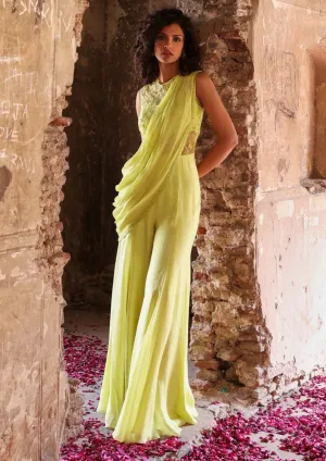 Kirat green jumpsuit with draped pallu