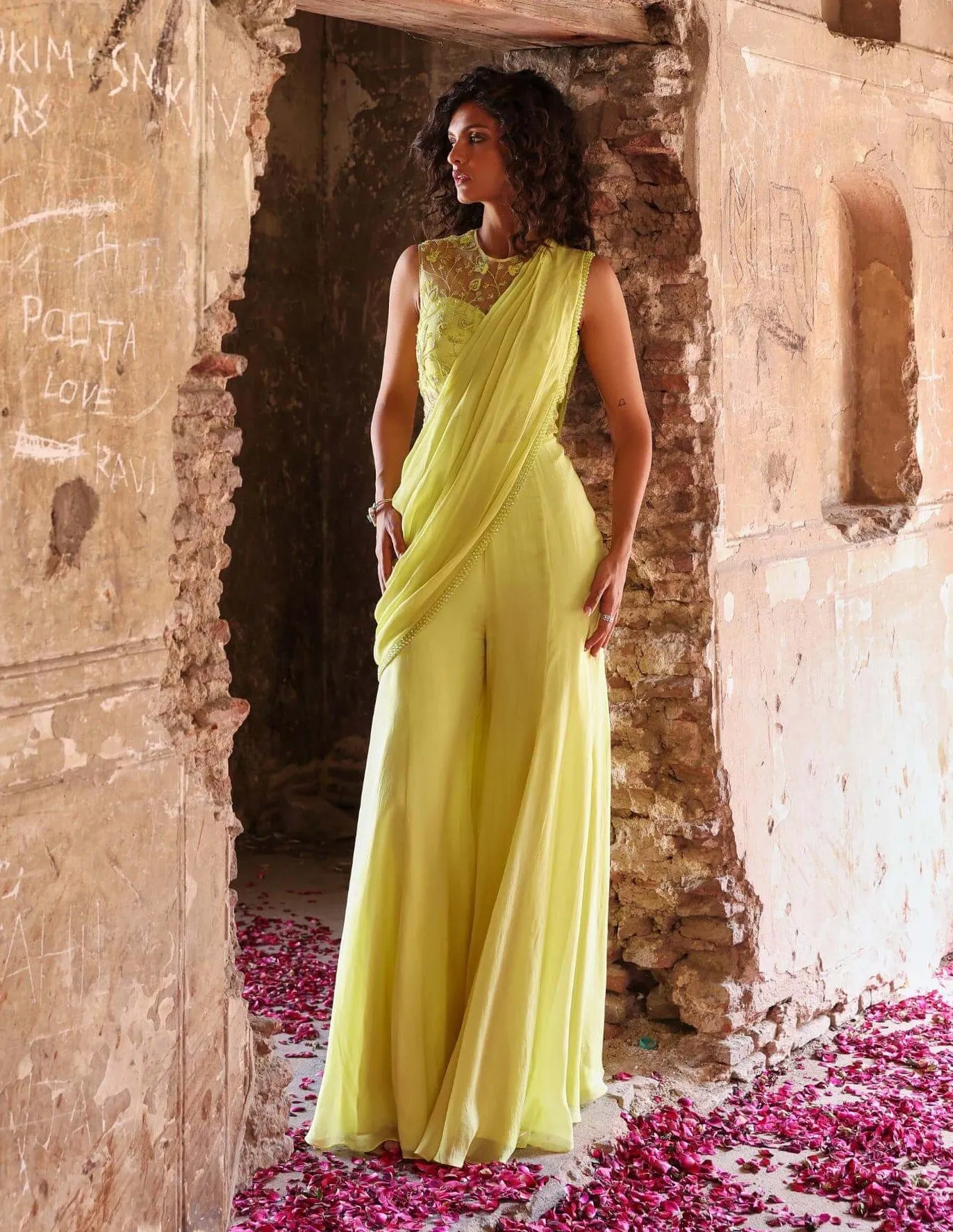 Kirat green jumpsuit with draped pallu