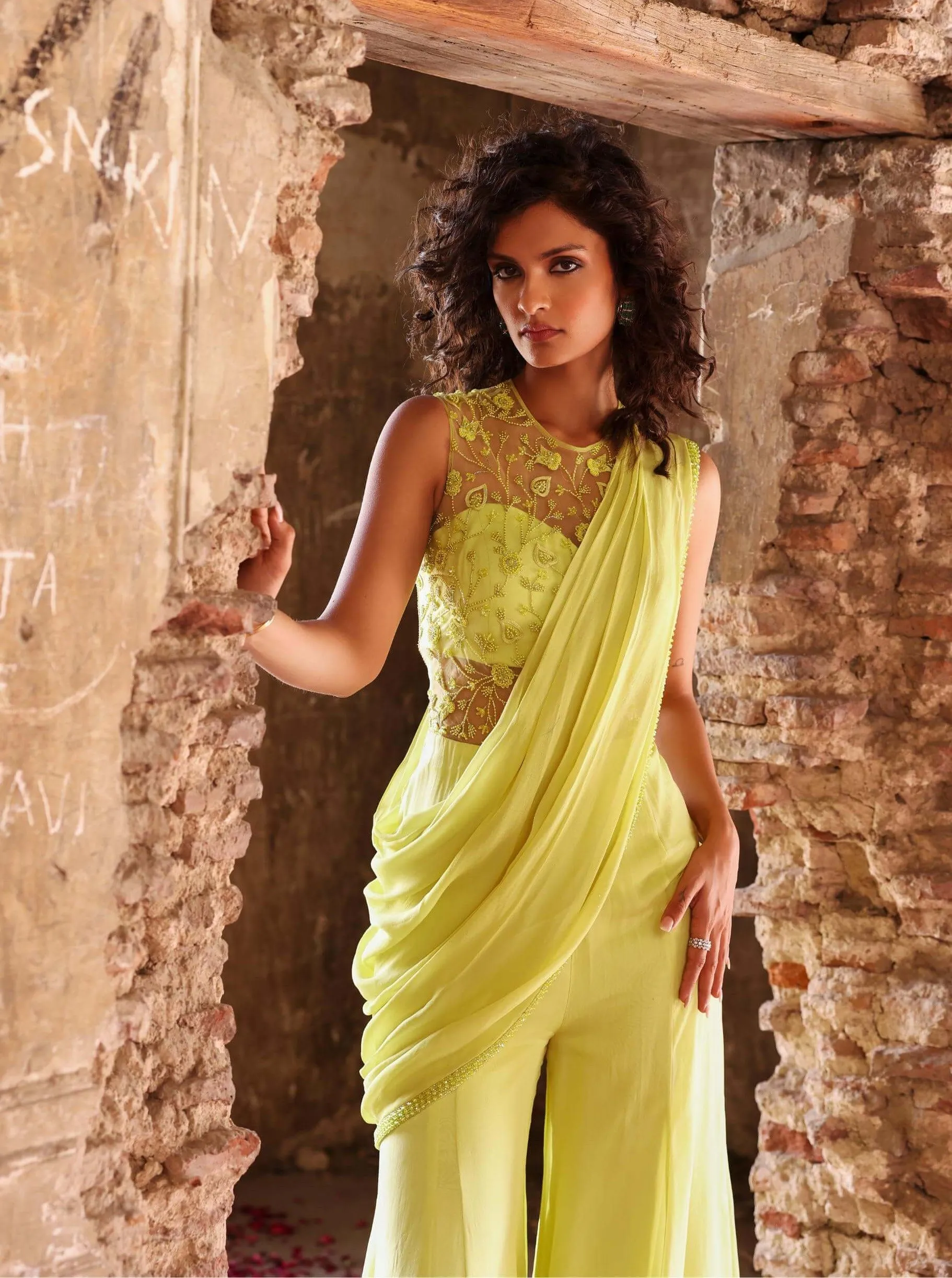 Kirat green jumpsuit with draped pallu