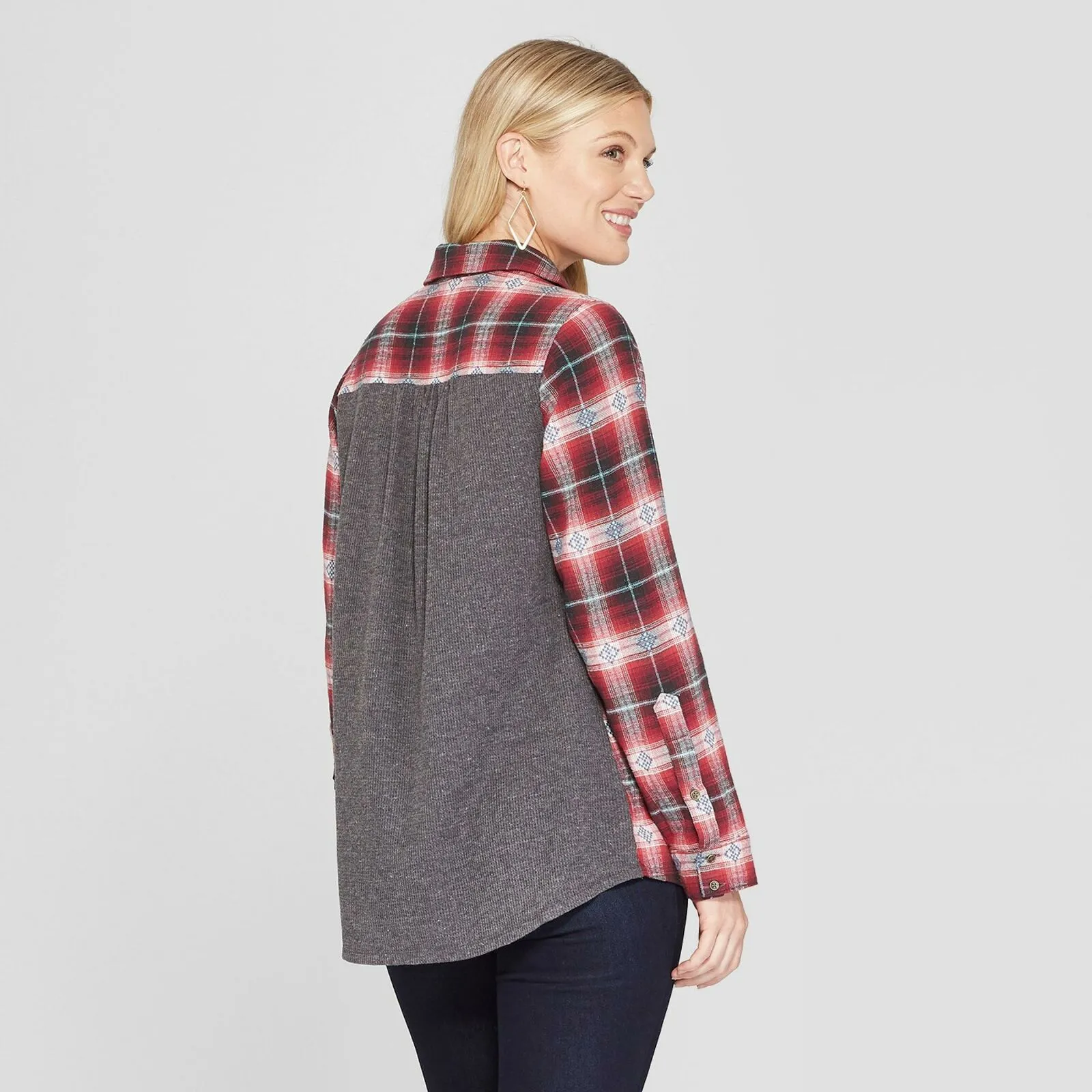 Knox Rose Women's Long Sleeve Thermal Back Button-Down Top Shirt Blouse