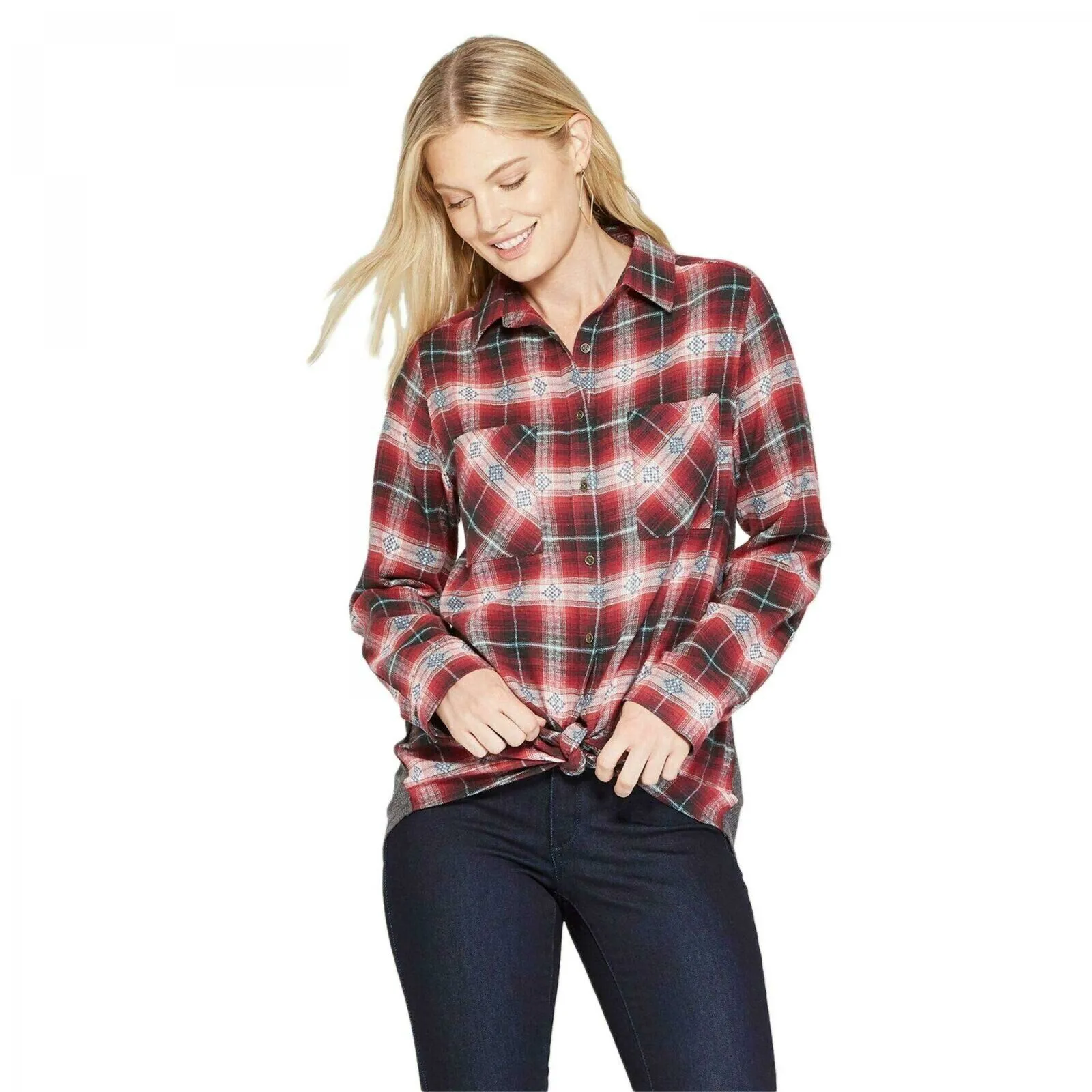 Knox Rose Women's Long Sleeve Thermal Back Button-Down Top Shirt Blouse