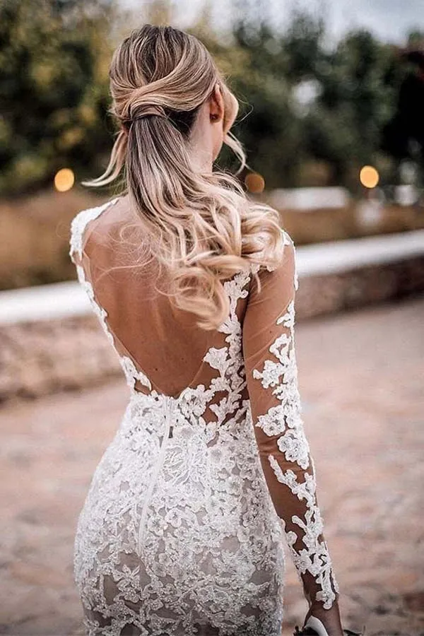 Lace Appliques See Though Mermaid Rustic Wedding With Sleeves,MW388