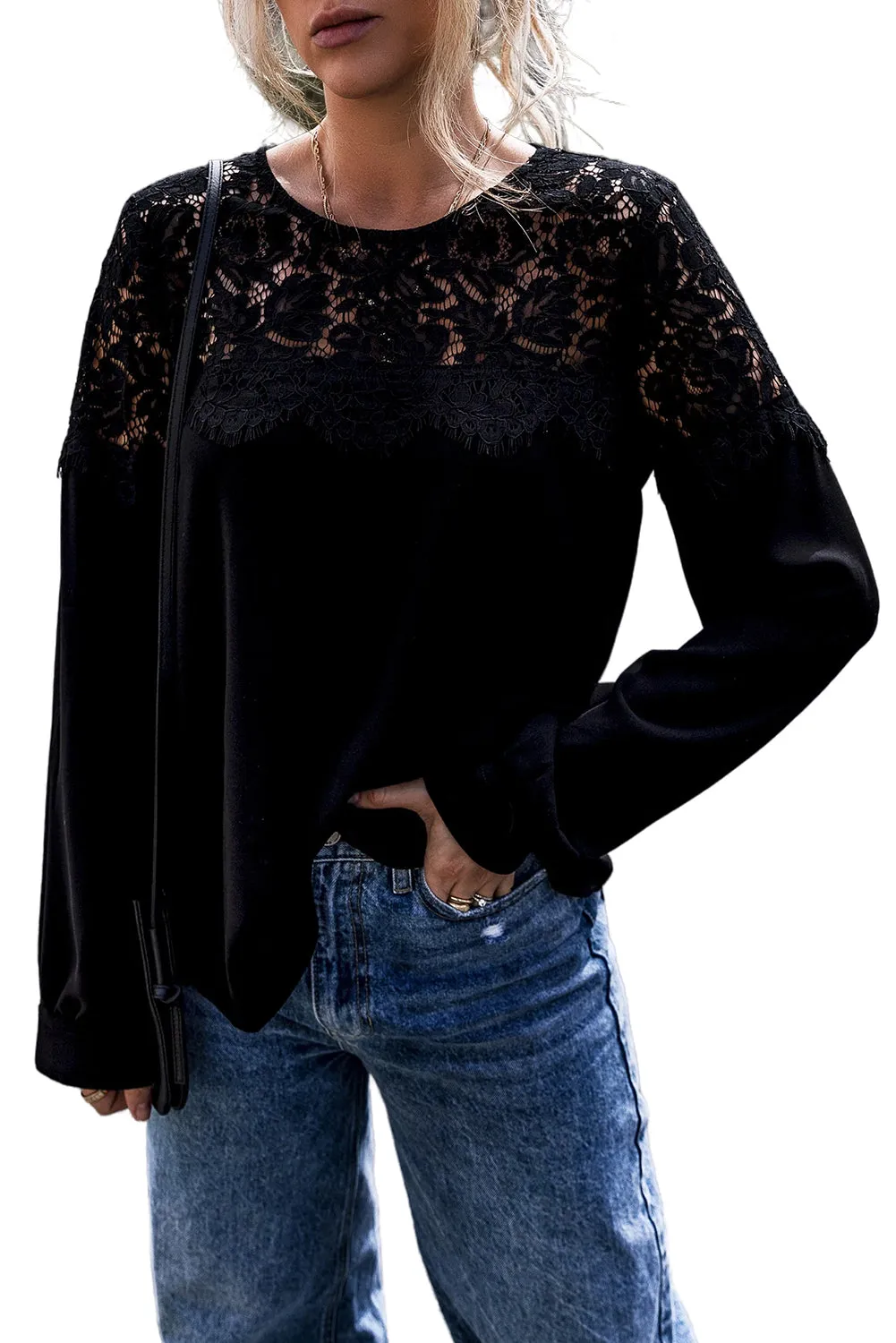 Lace Crochet O Neck Long Sleeve Top