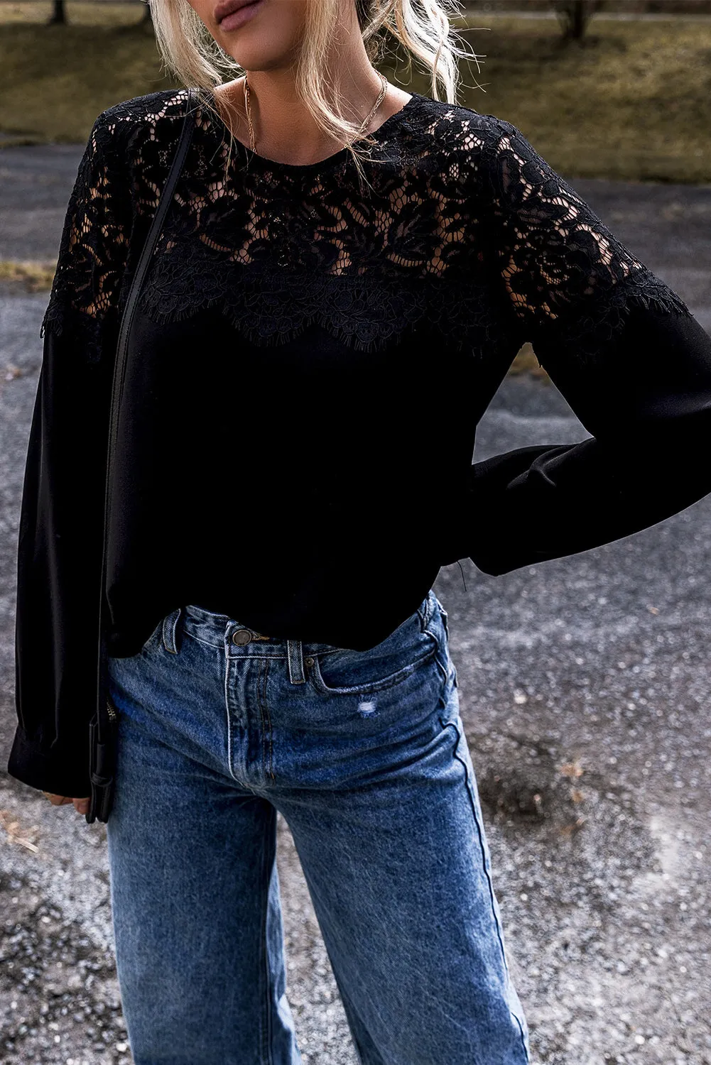 Lace Crochet O Neck Long Sleeve Top