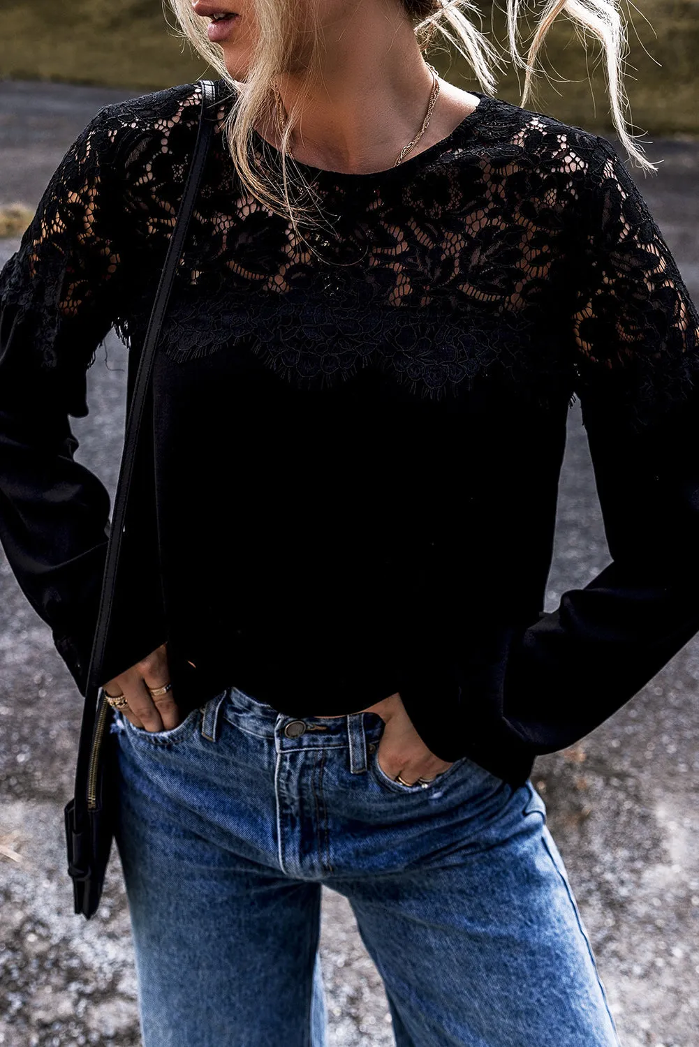 Lace Crochet O Neck Long Sleeve Top