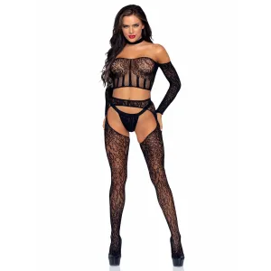 Lace Long Sleeve Halter Choker Crop Top, Lace Suspender Hose, and G-String - O/S - Black