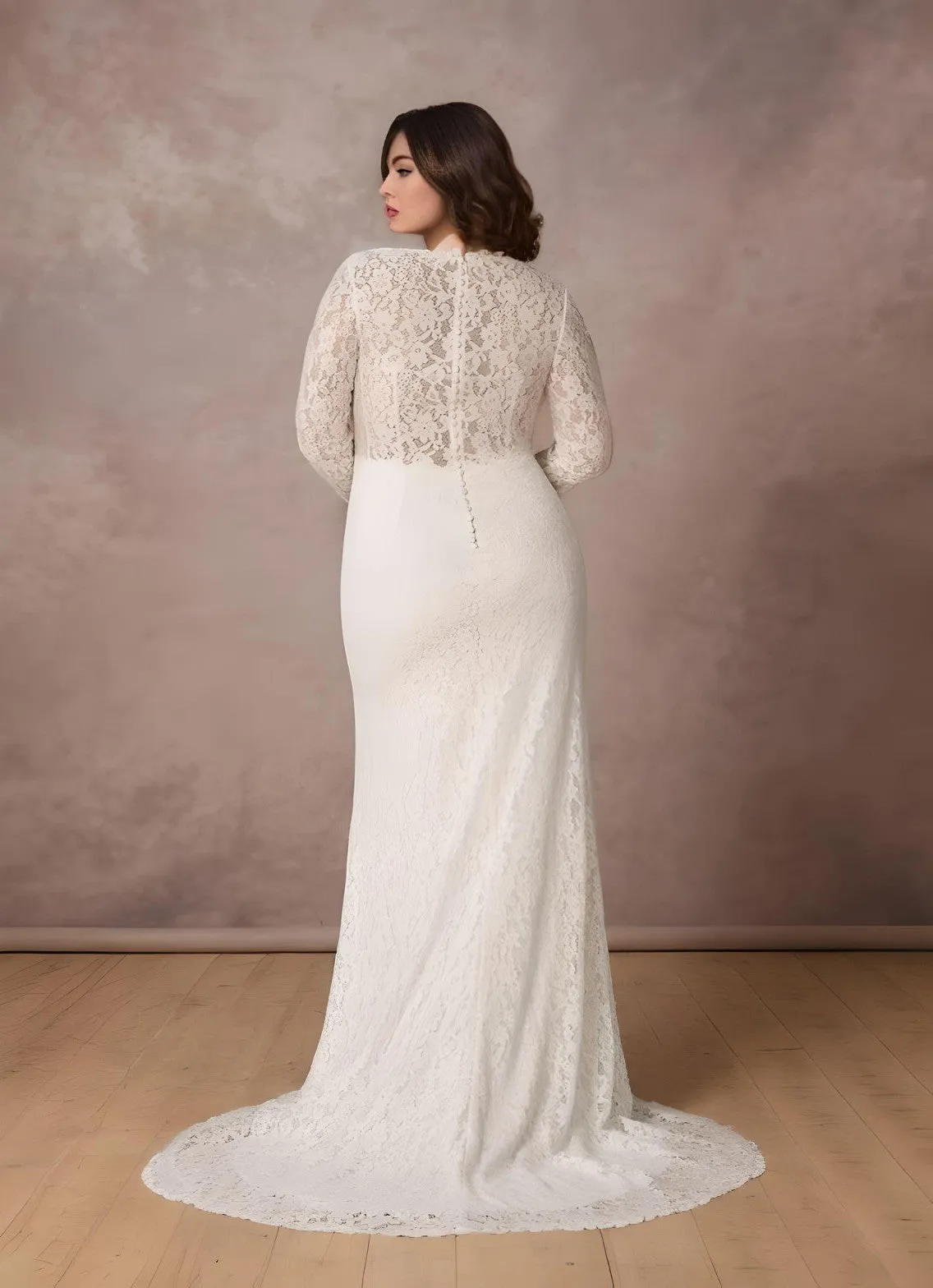 Lace Long Sleeve Plus Size Mermaid Wedding Dress 2023 Sexy Bohemian Elegant Plunging Neckline Floor-length Sweep Train-MW_760013