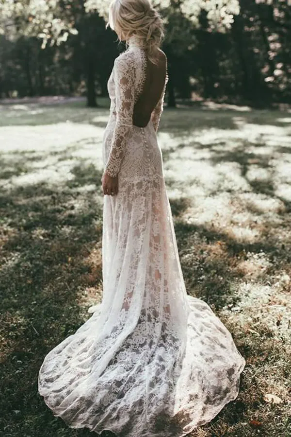 Lace Mermaid High Neck Long Sleeves Beach Wedding Dresses, Bridal Gown, MW618