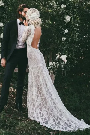 Lace Mermaid High Neck Long Sleeves Beach Wedding Dresses, Bridal Gown, MW618