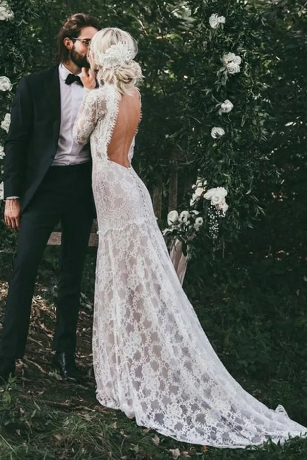 Lace Mermaid High Neck Long Sleeves Beach Wedding Dresses, Bridal Gown, MW618