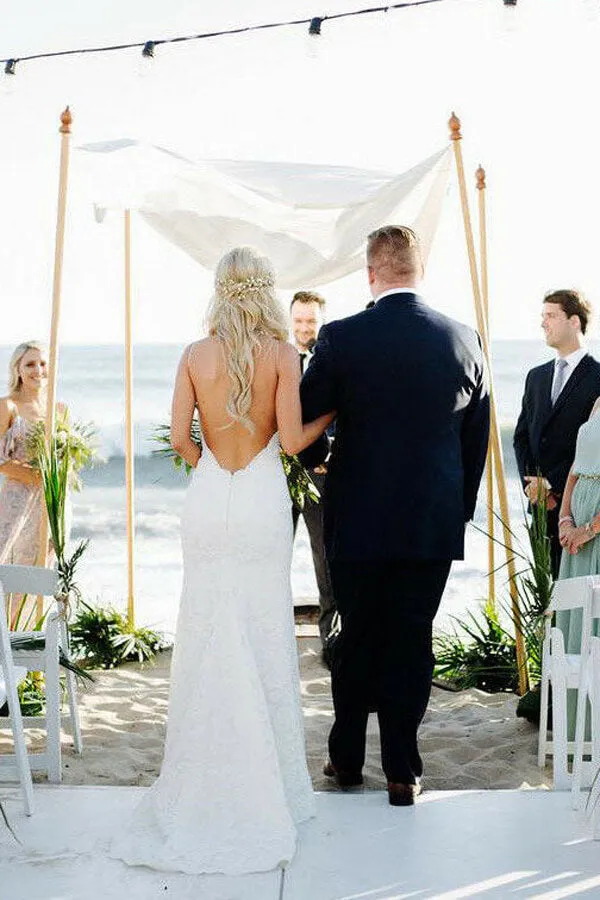 Lace Mermaid Spaghetti Straps V-neck Backless Beach Wedding Dresses, MW672