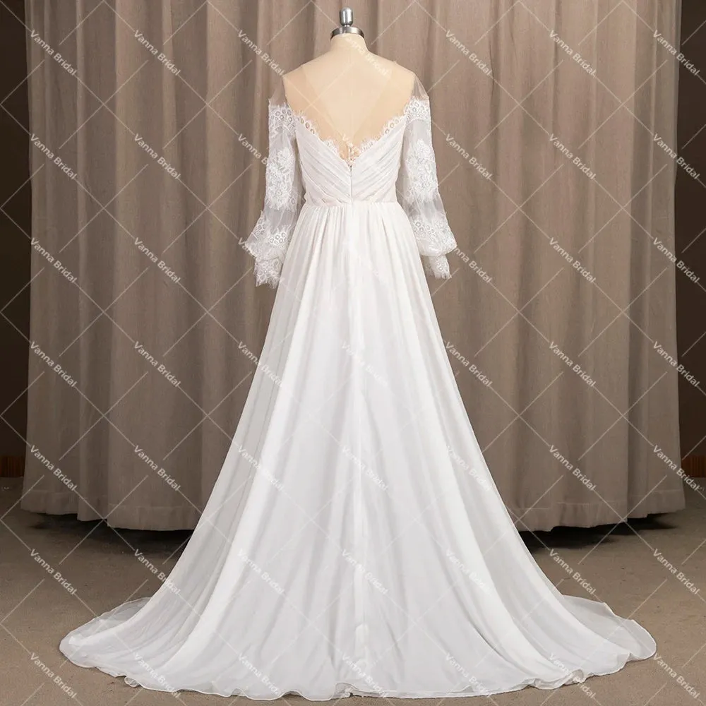 Lace Off The Shoulder Ruched Chiffon Wedding Dress Backless Customized High Split Plus Size Long Puffy Sleeve Beach Bridal Gown