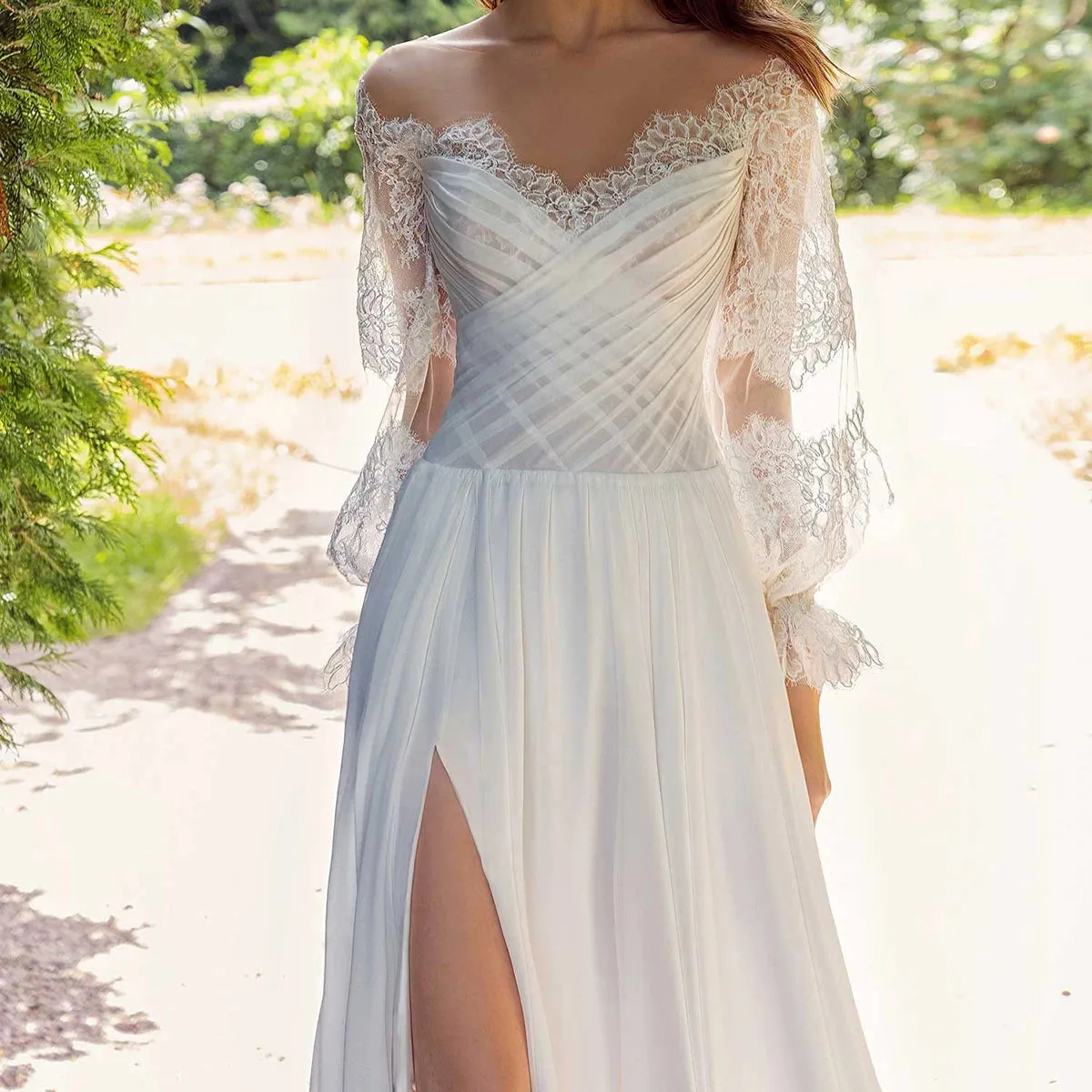 Lace Off The Shoulder Ruched Chiffon Wedding Dress Backless Customized High Split Plus Size Long Puffy Sleeve Beach Bridal Gown