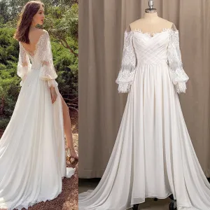 Lace Off The Shoulder Ruched Chiffon Wedding Dress Backless Customized High Split Plus Size Long Puffy Sleeve Beach Bridal Gown